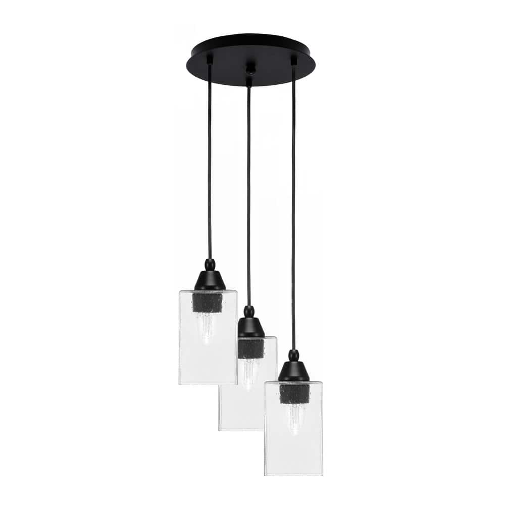 Savannah 10.25 in. 3-Light Matte Black Cord Pendant Light Square Clear Bubb