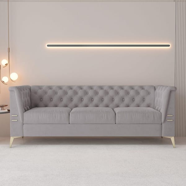 Seafuloy 82in.W Square Arm Velvet Tufting Straight 3-Seat Sofa with Metal Legs in Gray