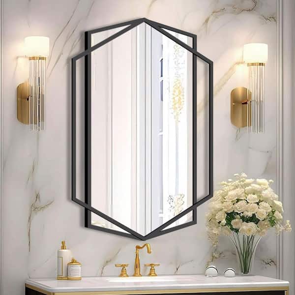 26 in. W x 36 in. H Modern Rectangular Polygonal Black Metal Frame Art Decorative Mirror Vanity Mirror Wall Mirror