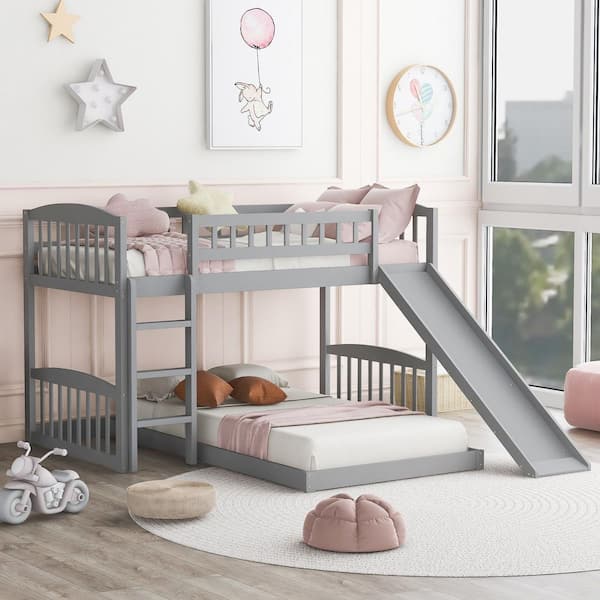 Harper & Bright Designs Gray Twin Over Twin Wood Bunk Bed with Slide and Ladder