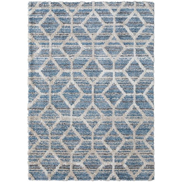 2 X 8 Blue, Ivory Geometric Area Rug