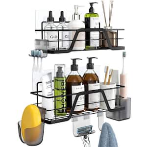 2 Pack Matte Black Bathroom Wall Mounted Adhesive Shower Caddies Shelf with Hooks