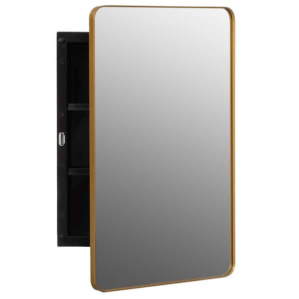 Plastic Medicine Rectangular Cabinet w/ Beveled Edge Mirror Door & Frame, 16" W, 24" H with 2 Adjustable Shelves, Gold