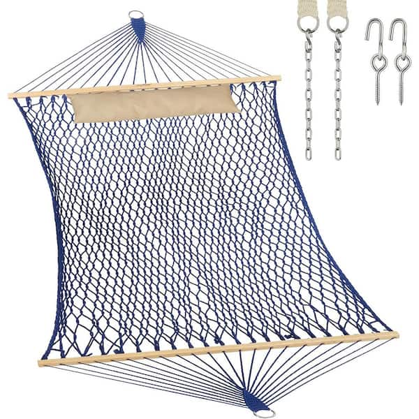 Unbranded 6.5 ft. Traditional Rope Double Hammock Hand Woven Cotton with Hardwood Spreader Bar and Pillow in Blue