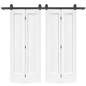 72 in. x 80 in. Hollow Core 1-Panel Primed White MDF Composite Double Bi-Fold Barn Doors with Sliding Hardware Kit