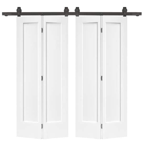 CALHOME 72 in. x 80 in. Hollow Core 1-Panel Primed White MDF Composite Double Bi-Fold Barn Doors with Sliding Hardware Kit