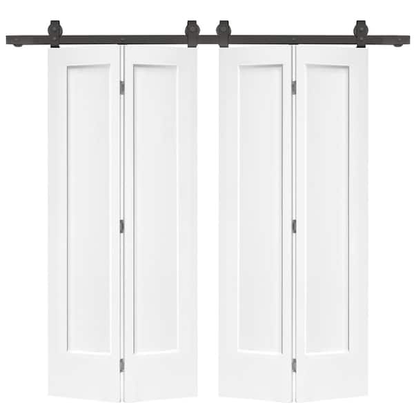 CALHOME 48 in. x 80 in. 1 Panel Shaker White Painted MDF Composite Double Bi-Fold Barn Door with Sliding Hardware Kit