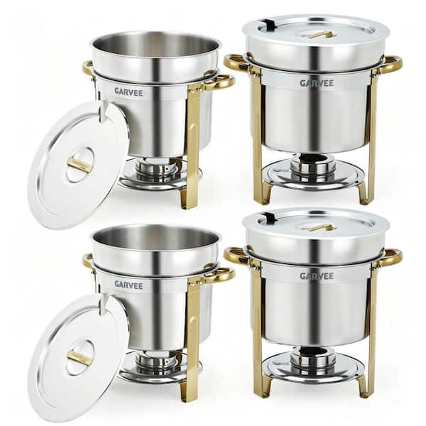 11QT Stock Pot 4 Piece Stainless Steel Round Soup Warmer with Pot Notched Lids Fuel Holders for Buffets Events Party