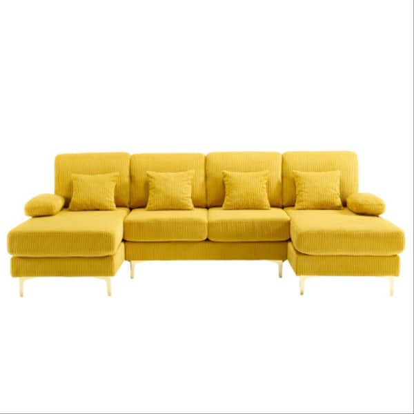 104 in. 4-piece U-Shape Modern Corduroy Upholstered Sectional Sofa with Double Chaises and Lighting System in. Yellow