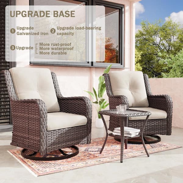 JOYSIDE 3-Piece Wicker Patio Swivel Outdoor Rocking Chair Set with Beige  Cushions and Table M01-BEIGE