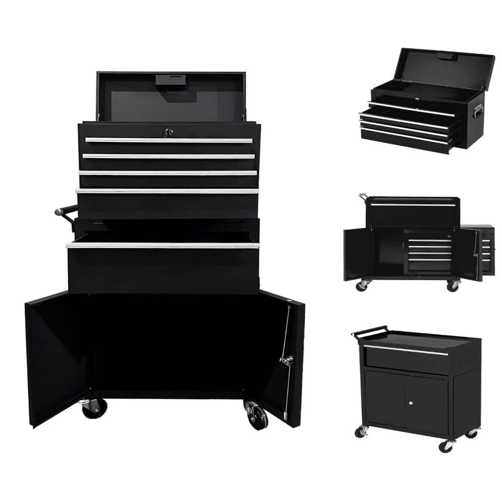 Black 5-Drawer Rolling Tool Chest 2-in-1 Detachable Cabinet Lockable Storage with Wheels for Garage Use
