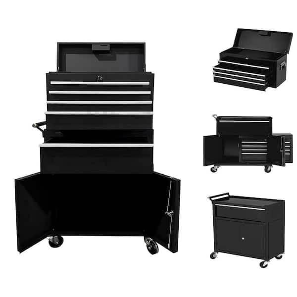 Black 5-Drawer Rolling Tool Chest 2-in-1 Detachable Cabinet Lockable Storage with Wheels for Garage Use