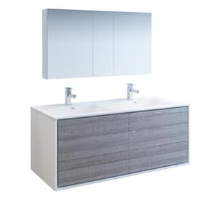 Catania 60 in. Modern Double Wall Hung Vanity in Glossy Ash Gray, Vanity Top in White with White Basins,Medicine Cabinet