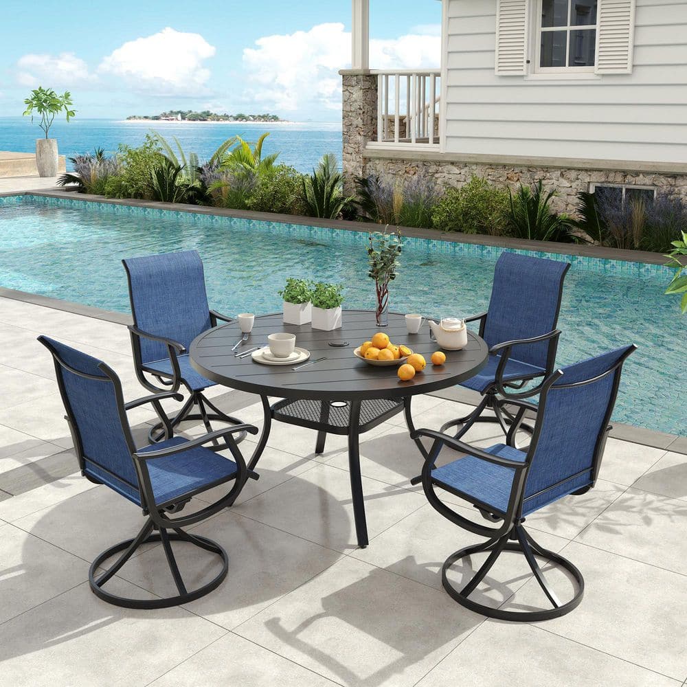 5-Piece Metal Outdoor Patio Dining Set with 40.6 in. Black Round Table and 4 Blue Textilene Swivel Chairs price history on PriceWatchPro