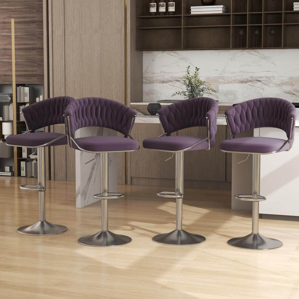 43.15 in. Purple Low Back Silver Metal Frame Adjustable Swivel Bar Stool with Velvet Seat (Set of 4) -  Uixe, BT03-SR-PE-4