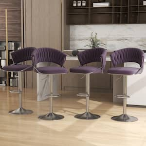 43.15 in. Purple Low Back Silver Metal Frame Adjustable Swivel Bar Stool with Velvet Seat (Set of 4)