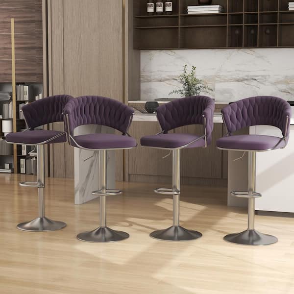 Uixe 43.15 in. Purple Low Back Silver Metal Frame Adjustable Swivel Bar Stool with Velvet Seat (Set of 4)