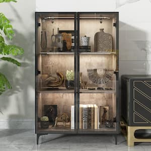 Gray 46.1 in. H Wood Accent Storage Cabinet With 2-Glass Doors, Pop-Up Design, LED Lights