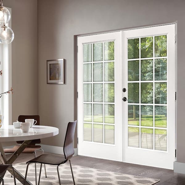 60 in. x 80 in. Fiberglass Smooth White Right-Hand Outswing Hinged Patio Door with 15-Lite GBG