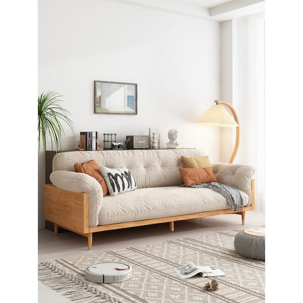 82 in. Wide Flared Arm Cotton and linen fabrics Three-Seater Rectangle Sofa in White