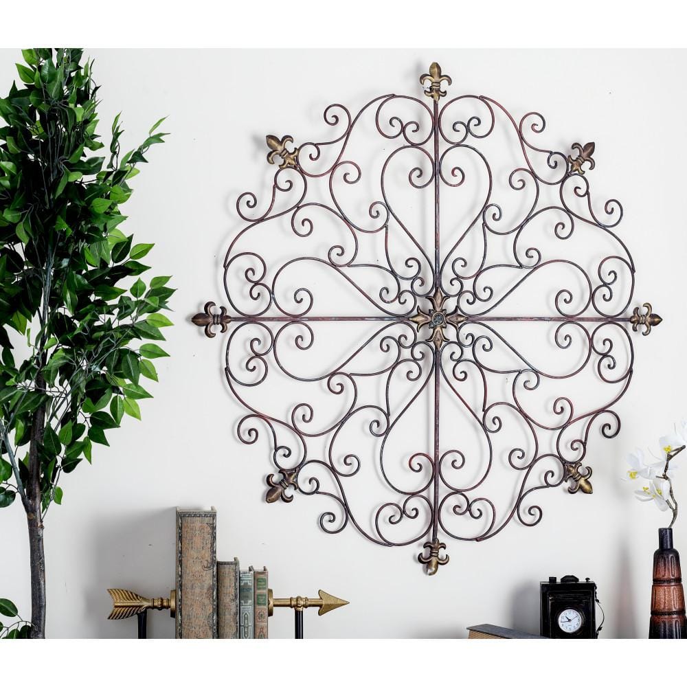 Brown Metal Scrollwork Fleur De Lis Wall Sculpture