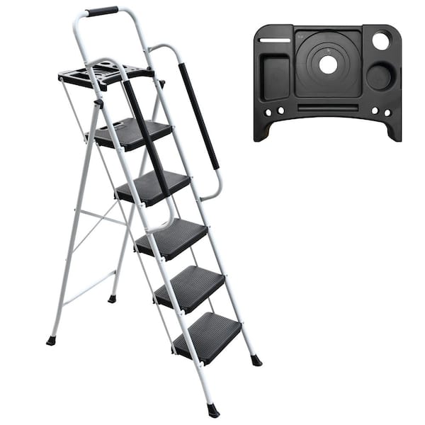3.8 ft. Reach 5-Step Steel Folding Ladder, Step Stool with Handrails,Tool Platform,Non-Slip Wide Pedal,330 lbs Capacity