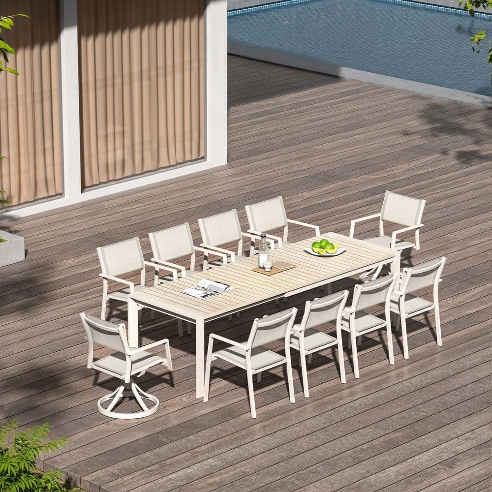Gray 11-Piece Aluminum Rectangular Extendable Dining Table Outdoor Dining Set