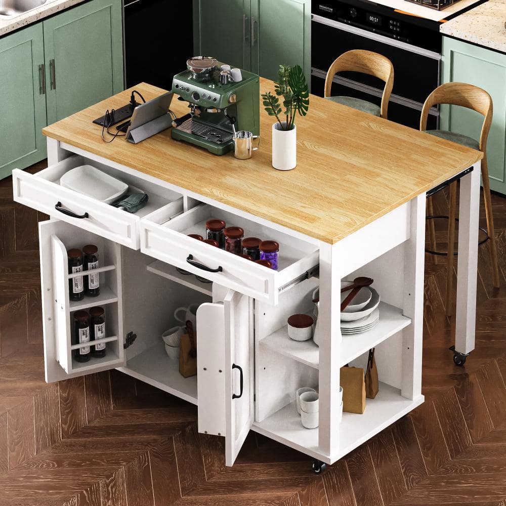 White Wood 47 in. Rolling Kitchen Island with Power Outlet, Extendable Dining Table, 2 Drawers, 8 Wheels