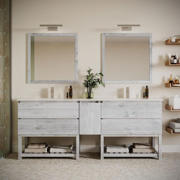 Formosa 84 in. Double Sink Freestanding Open Bottom Rustic White Bath Vanity with White Quartz Top and Ceramic Sink