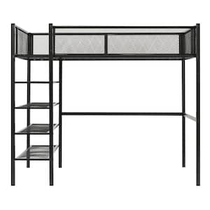 Black Twin Size Metal Loft Bed with 4-Tier Shelves and Storage