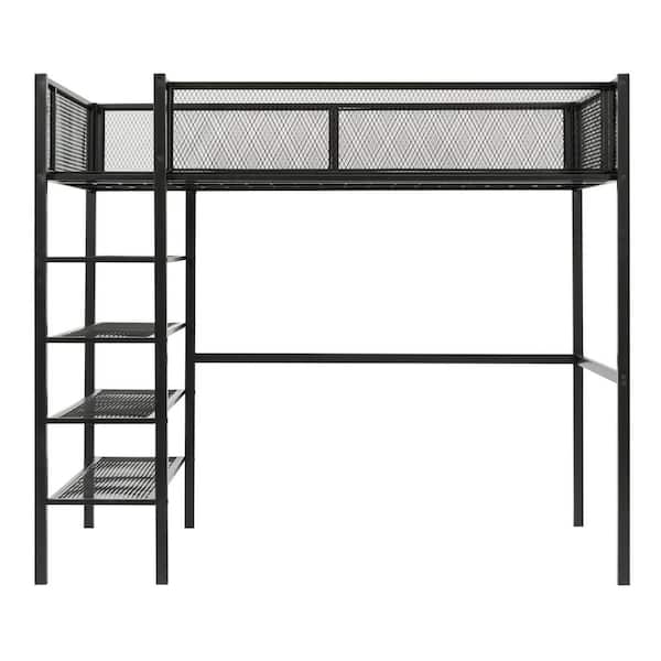 Polibi Black Twin Size Metal Loft Bed with 4-Tier Shelves and Storage