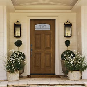 36 in. x 80 in. Right-Hand Camber Top Tryon Decorative Glass Mocha Stain Fiberglass Prehung Front Door w/Brickmould