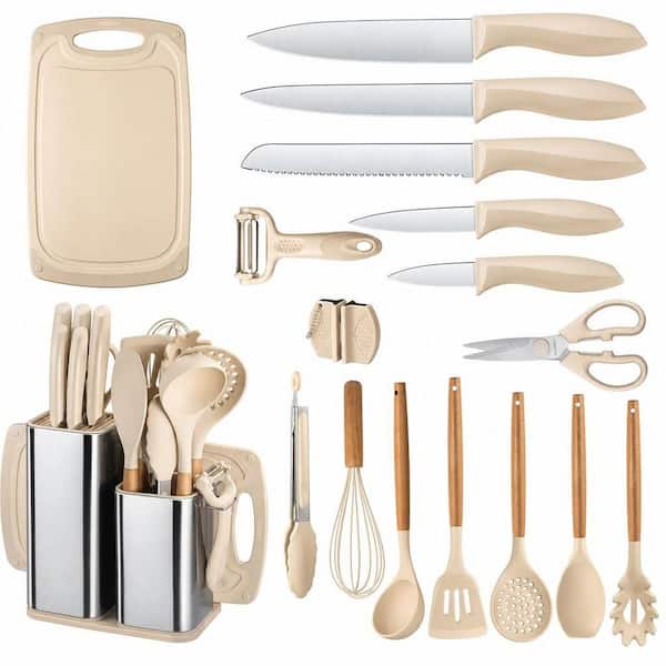 18 Piece Silicone Nonstick Cookware Set in Beige, Heat-Resistant Kitchen Utensils with Holder, Dishwasher Safe