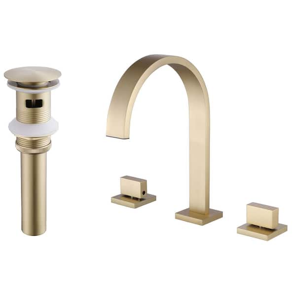 AIMADI 8 in. Widespread Double Handle Bathroom Faucet with Pop-Up Drain 3 Hole Waterfall Bathroom Sink Taps in Brushed Gold
