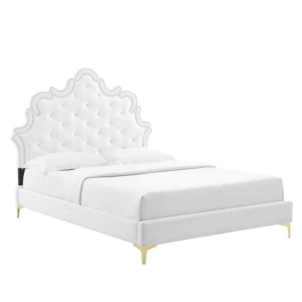 MODWAY Sasha in White Button-Tufted Performance Velvet Frame Twin Platform Bed