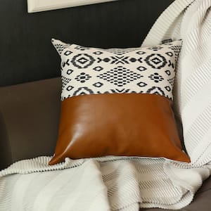 Bohemian Handmade Vegan Faux Leather Brown 20 in. x 20 in. Square Abstract Geometric Throw Pillow