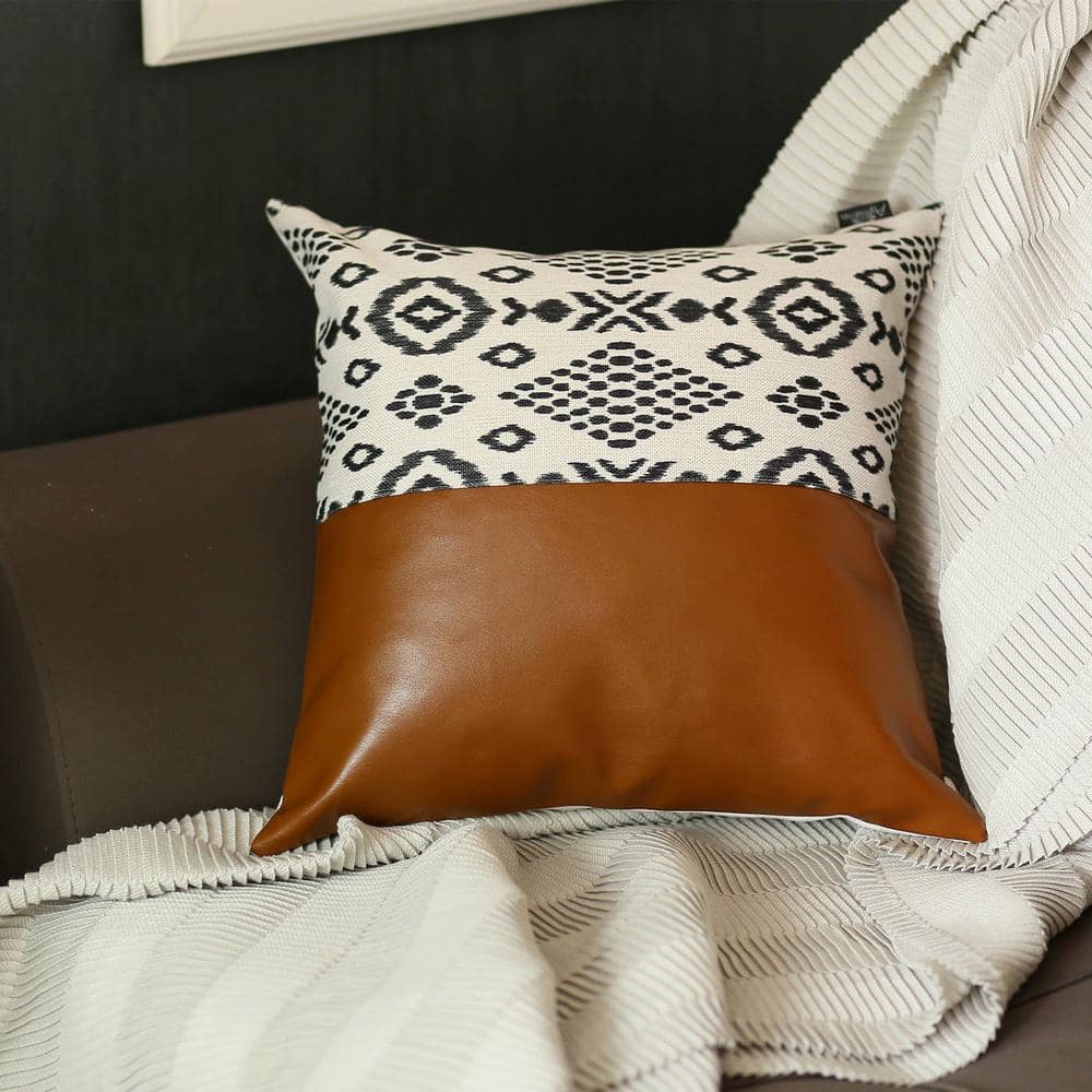 Boho Geometric Brown and Ivory Faux Leather 17" Throw Pillow Cover