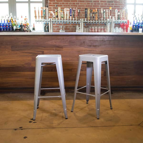 Loft Style 24 in. Stackable Metal Silver Bar Stool (Set of 2)