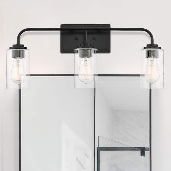 Designers Fountain Logan 24.5 in. 3-Light Matte Black Transitional Vanity Light with Clear Seedy Glass Shades
