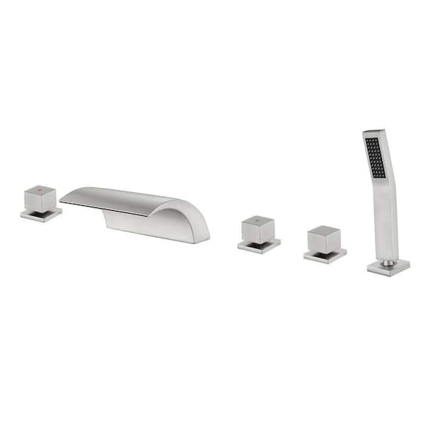 3-Handle Deck-Mount Roman Tub Faucet with Hand Shower in Brushed Nickel
