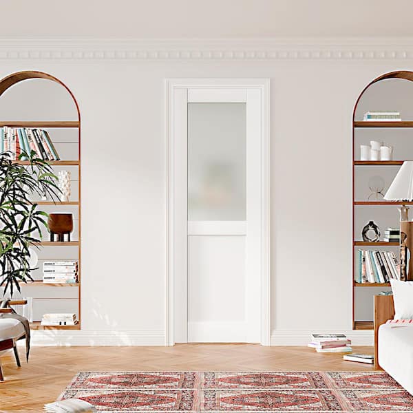 32 in. x 80 in.1/2 Lite Frosted Glass Prehung Interior Door Left-Handed MDF Wood White with Door Jamb and Hardware Kit