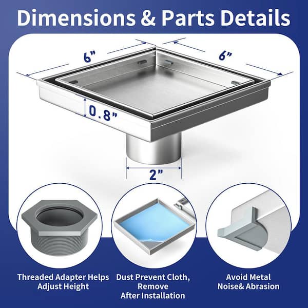 1-Piece Bath Hardware Set Square Bathroom Shower Drain with Tiled Insert Grate and Hair Strainer in Brushed Nickel