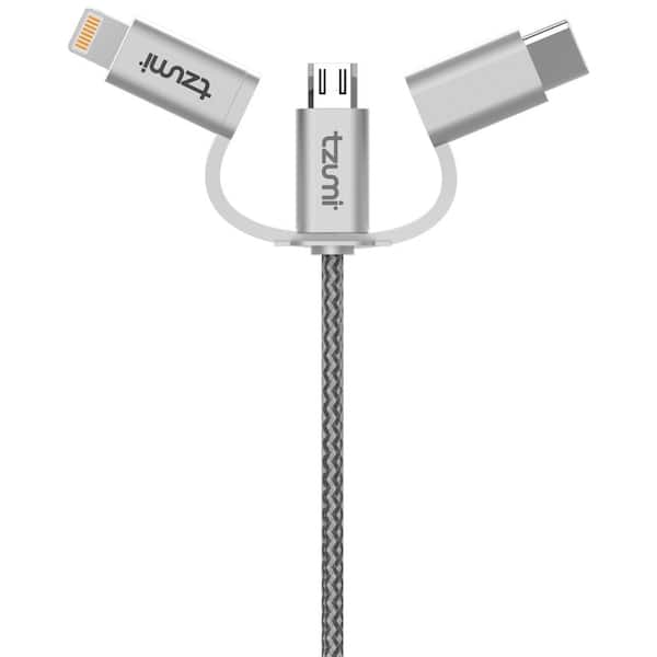 Tzumi 9 ft. 3-in-1 USB Metallic Charging Cable in Black