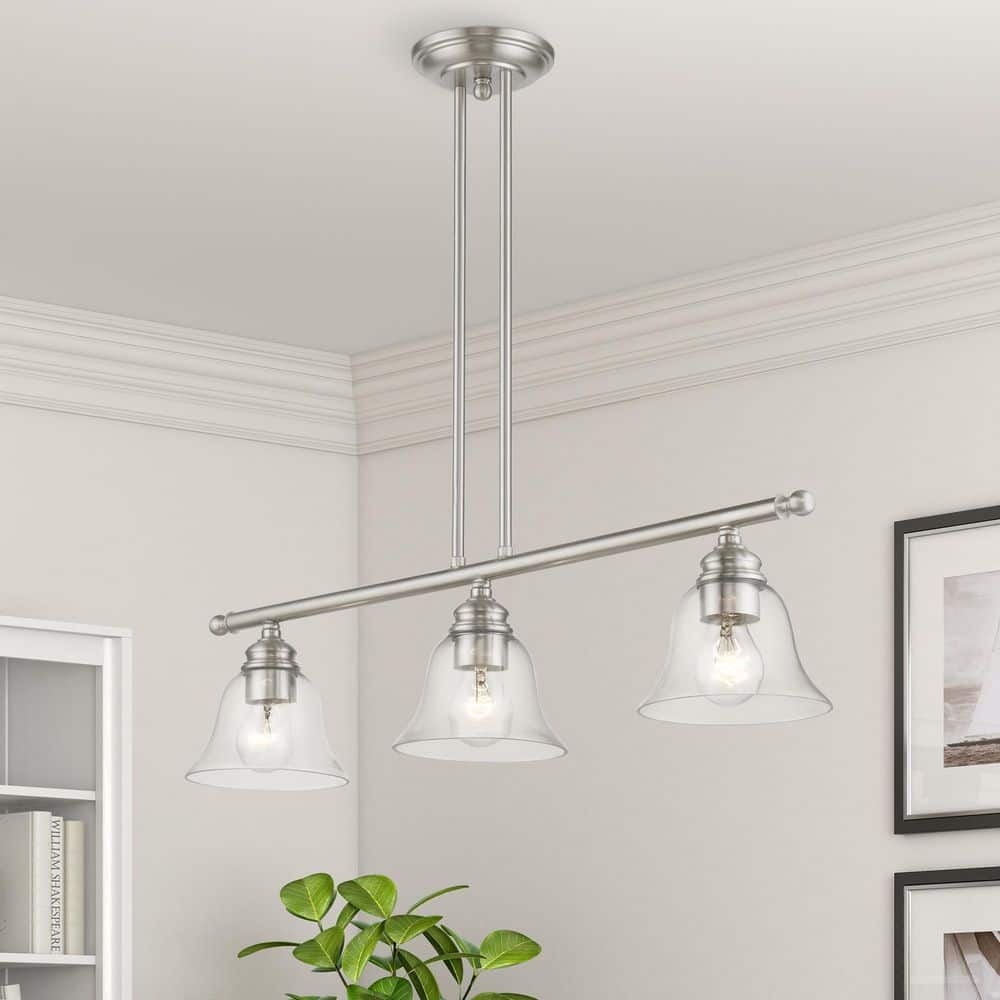 Elegant Brushed Nickel 3-Light Linear Chandelier with Hand-Blown Glass