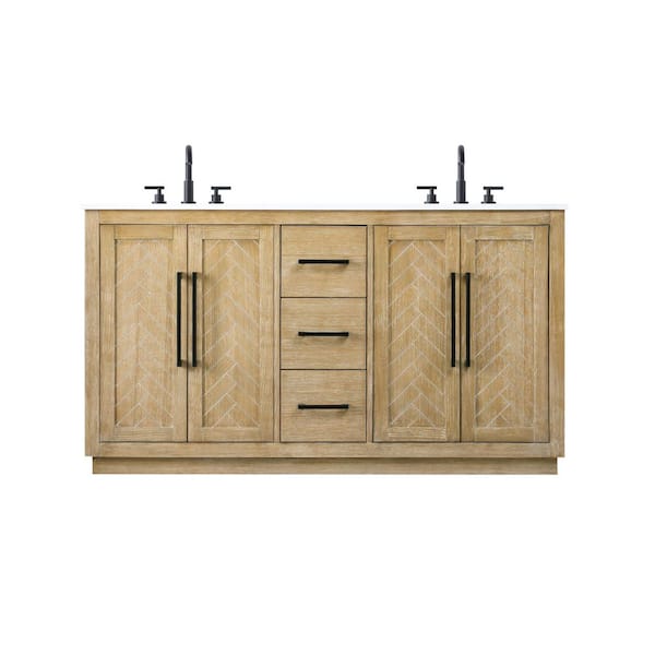 60 in. Double Sink Linen Oak Bath Vanity with White Engineered Marble Top