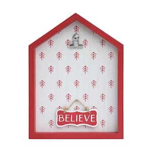 11.125 in. Wood Christmas House Shaped Wall Plaque with Metal Photo Clip and Noel Believe Sign