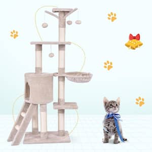 Beige Cat Trees and Scratch Posts Furniture Cover Kitten Climbing Tower Cat Condo with Sisal-Covered Posts and Ladder