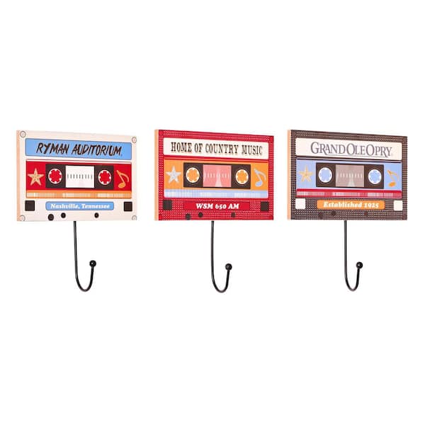 American Art Decor Traditional 4 in. x 6 in. Multi-Colored Wood Grand Ole Opry Cassette Tape 3-Piece Wall Hook Plaque Decor Set