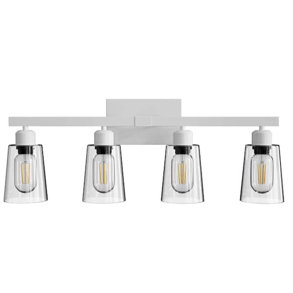 26. 5in 4 Light Bathroom Vanity Light, White Bathroom Light Fixtures with 4 Clear Glass Waterproof Shades E26