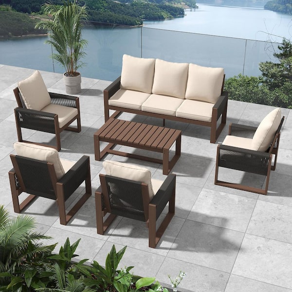6-Piece Hemlock Wood Wicker Outdoor Patio Conversation Set with Sofa, Lounge Chairs and Coffee Table Beige Cushions